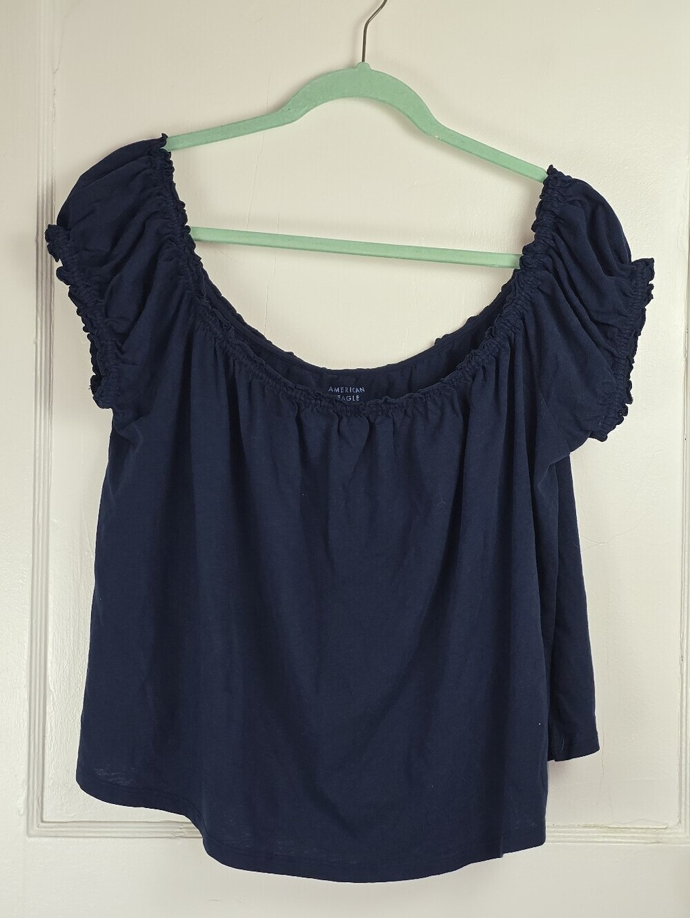 American Eagle Navy Blue Cotton Ruffle Off Shoulder Top NEW XL
